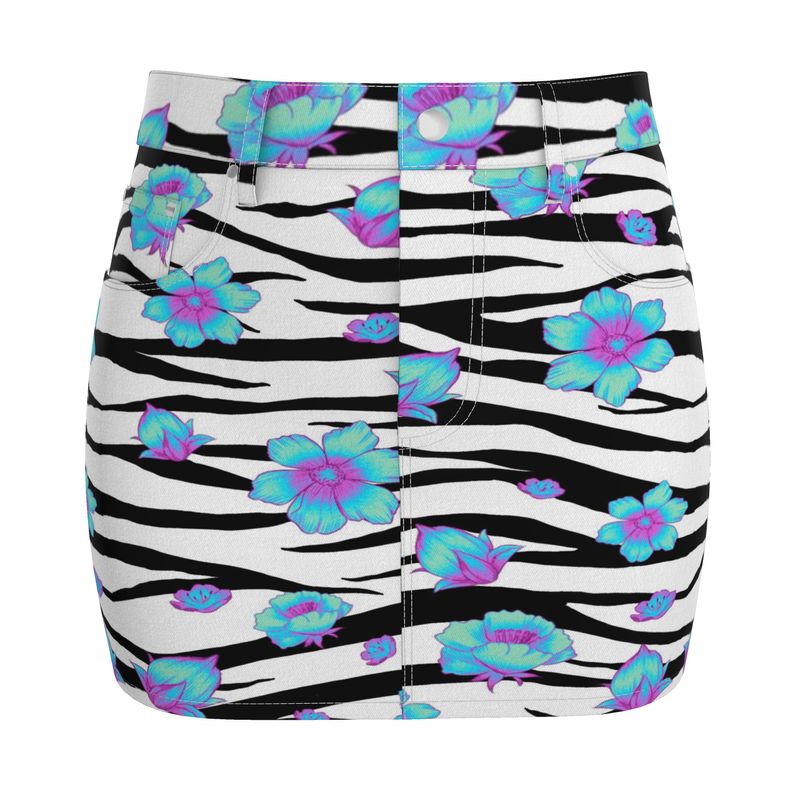 Floral Snow Tiger Denim Mini Skirt - Koiki Gyaru - Denim Mini Skirt -