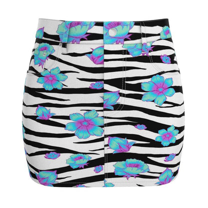 Floral Snow Tiger Denim Mini Skirt - Koiki Gyaru - Denim Mini Skirt -