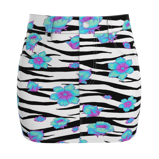 Floral Snow Tiger Denim Mini Skirt - Koiki Gyaru - Denim Mini Skirt -