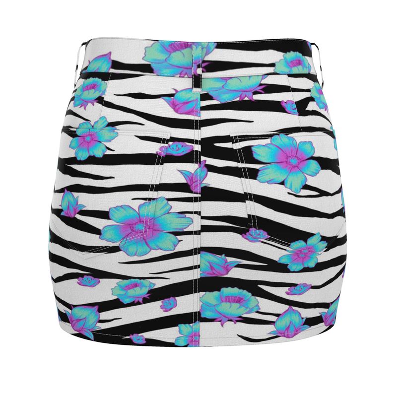 Floral Snow Tiger Denim Mini Skirt - Koiki Gyaru - Denim Mini Skirt -