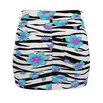 Floral Snow Tiger Denim Mini Skirt - Koiki Gyaru - Denim Mini Skirt -