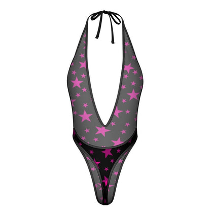 Pink Star Sexy Deep - V One - Piece Underwear - Koiki Gyaru - Bodysuit - 