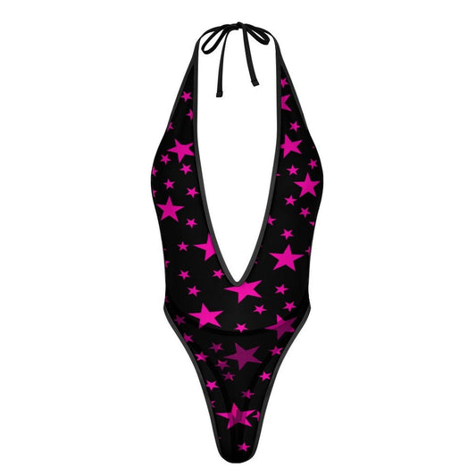 Pink Star Sexy Deep - V One - Piece Underwear - Koiki Gyaru - Bodysuit - 