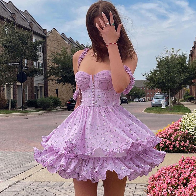 Pleated Floral Princess Suspender Dress - Koiki Gyaru - Dress - 