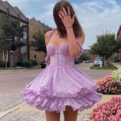 Pleated Floral Princess Suspender Dress - Koiki Gyaru - Dress - 