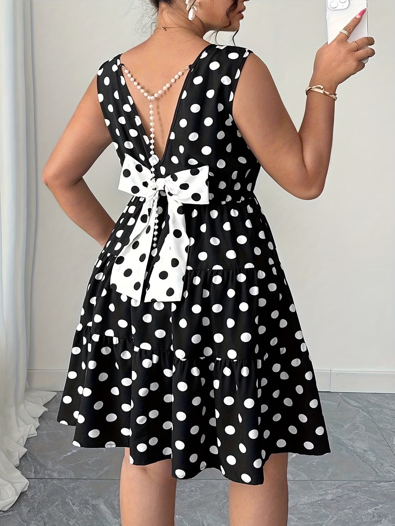 Polka Dot Print Dress with Bow and Pearls - Koiki Gyaru - Dress - 