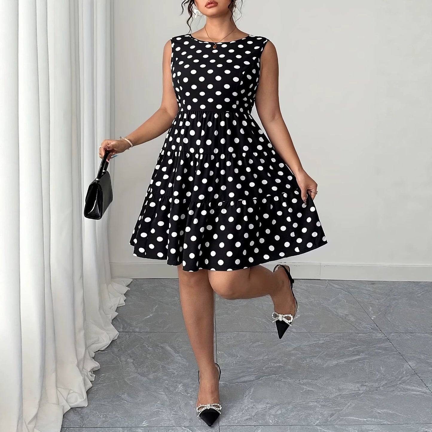 Polka Dot Print Dress with Bow and Pearls - Koiki Gyaru - Dress - 