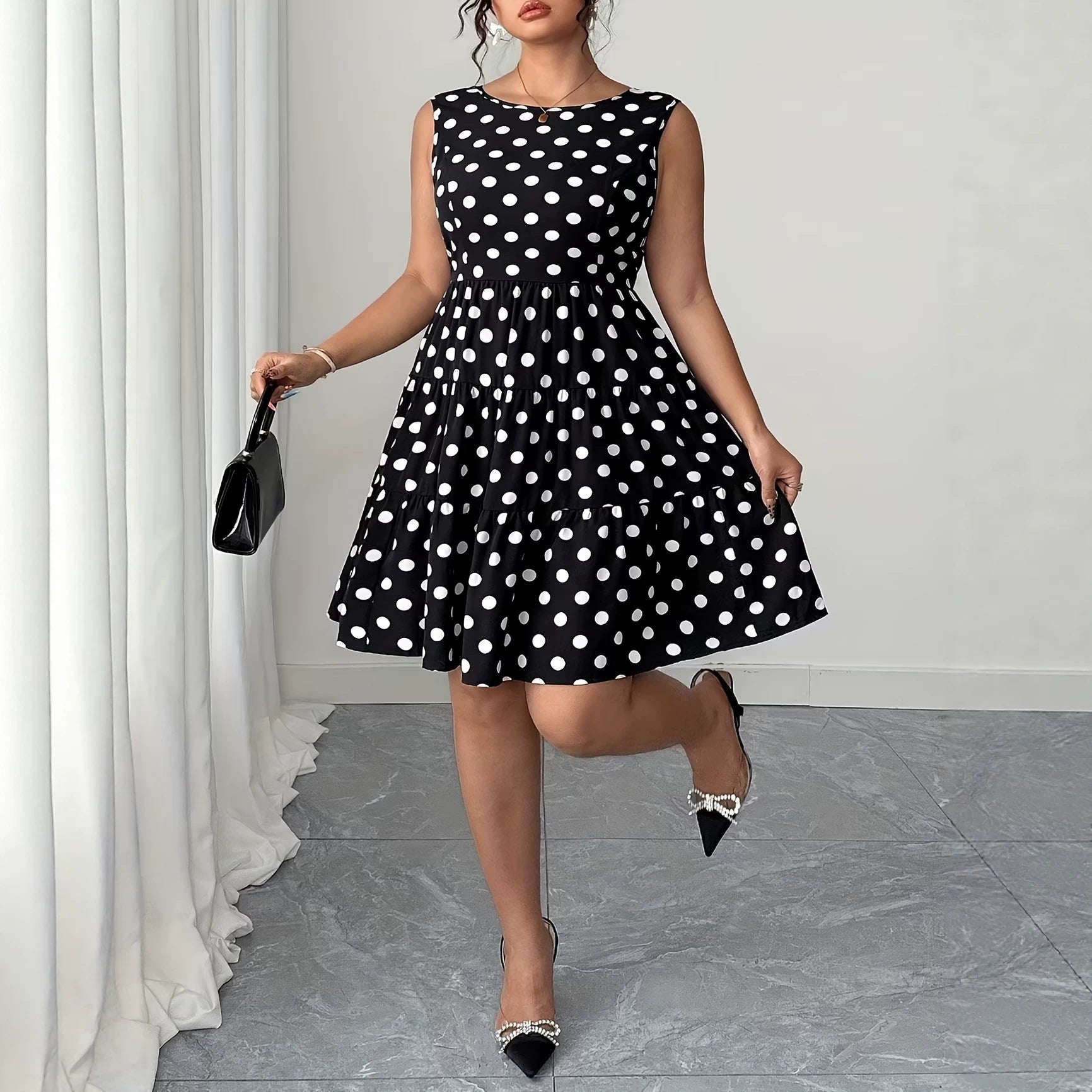 Polka Dot Print Dress with Bow and Pearls - Koiki Gyaru - Dress - 