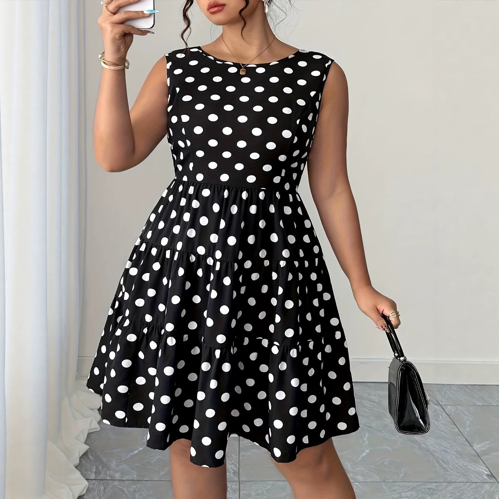Polka Dot Print Dress with Bow and Pearls - Koiki Gyaru - Dress - 
