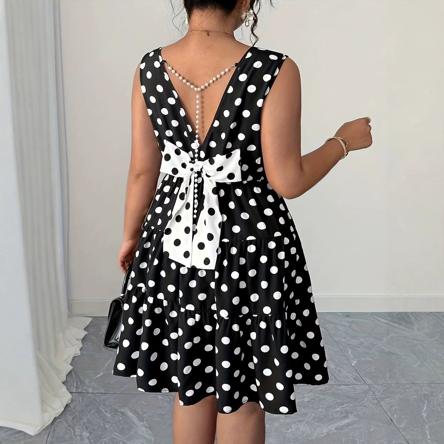 Polka Dot Print Dress with Bow and Pearls - Koiki Gyaru - Dress - 