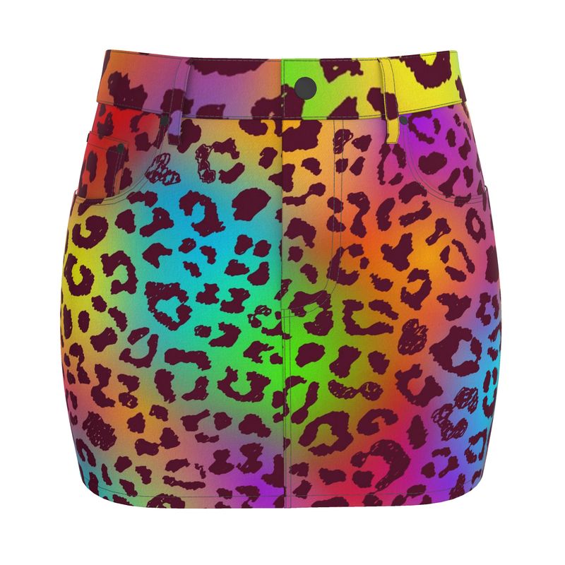 Rainbow Leopard Denim Mini Skirt - Koiki Gyaru - Denim Mini Skirt -